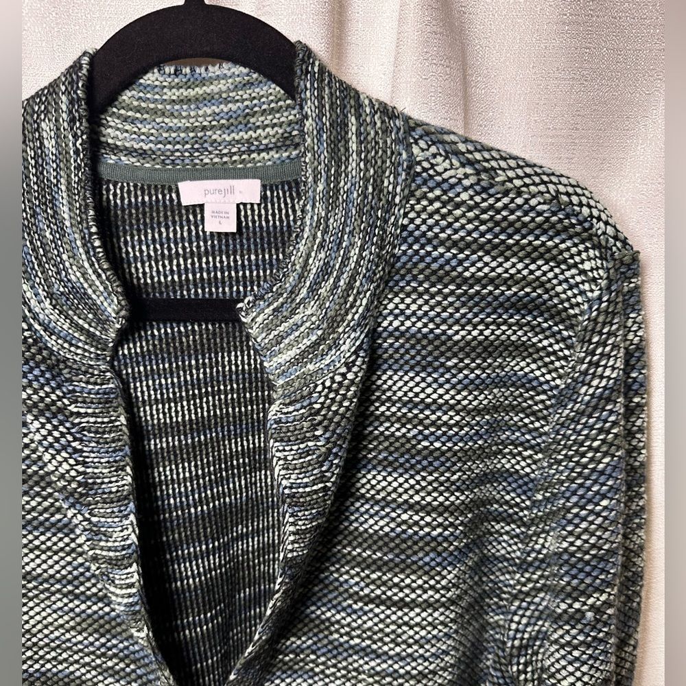Pure Jill Space Dyed Textured Cardigan, Green Blue Melange Pattern, Women's L
